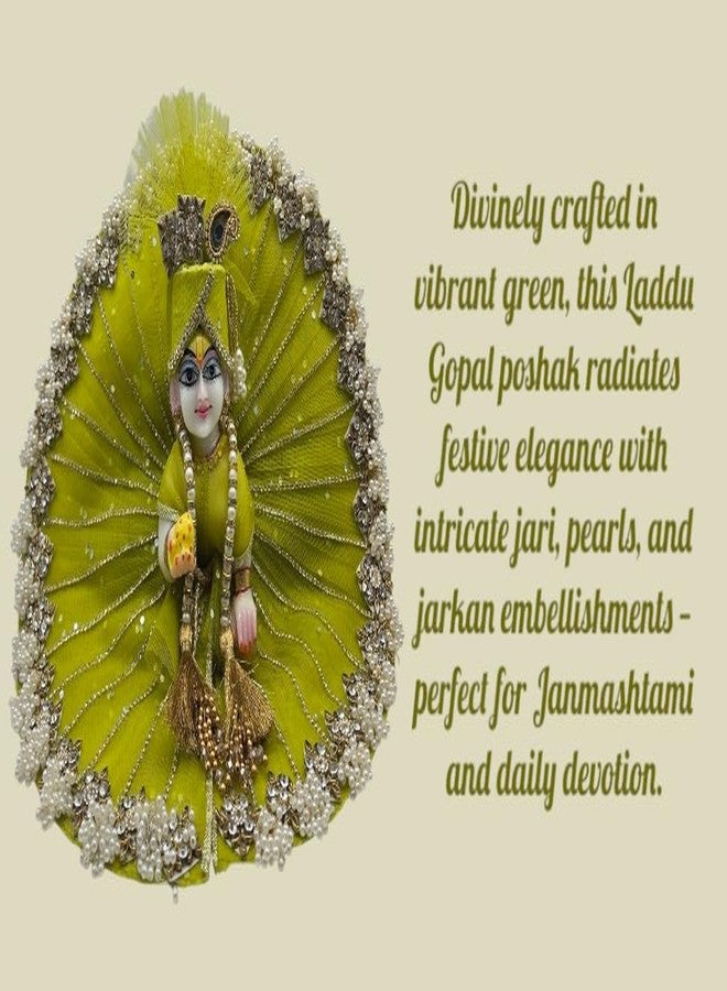 Vrindavanstore.in Laddu Gopal فستان مقاس رقم 5 - طقم Janmashtami Poshak باللون الأخضر مع Pagdi وPatka وCholi | زي مهرجان Thakur Ji/Kanha Ji مع جاري ولآلئ وجاركان لبال جوبال - Image 2